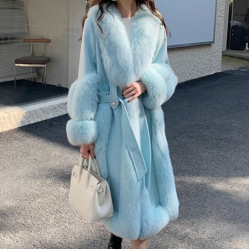 Luxurious Double Faced Wool Coat Real Fox Fur Jacket Winter Women Long Style Down Coat with Fur