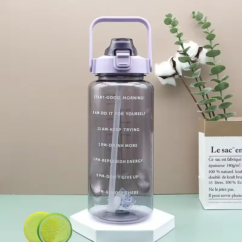 2L Plastic Sport Drinking Water Bottle Large Capacity Motivational PC Portable Space Cup With Straw For Outdoor Gym Kid School