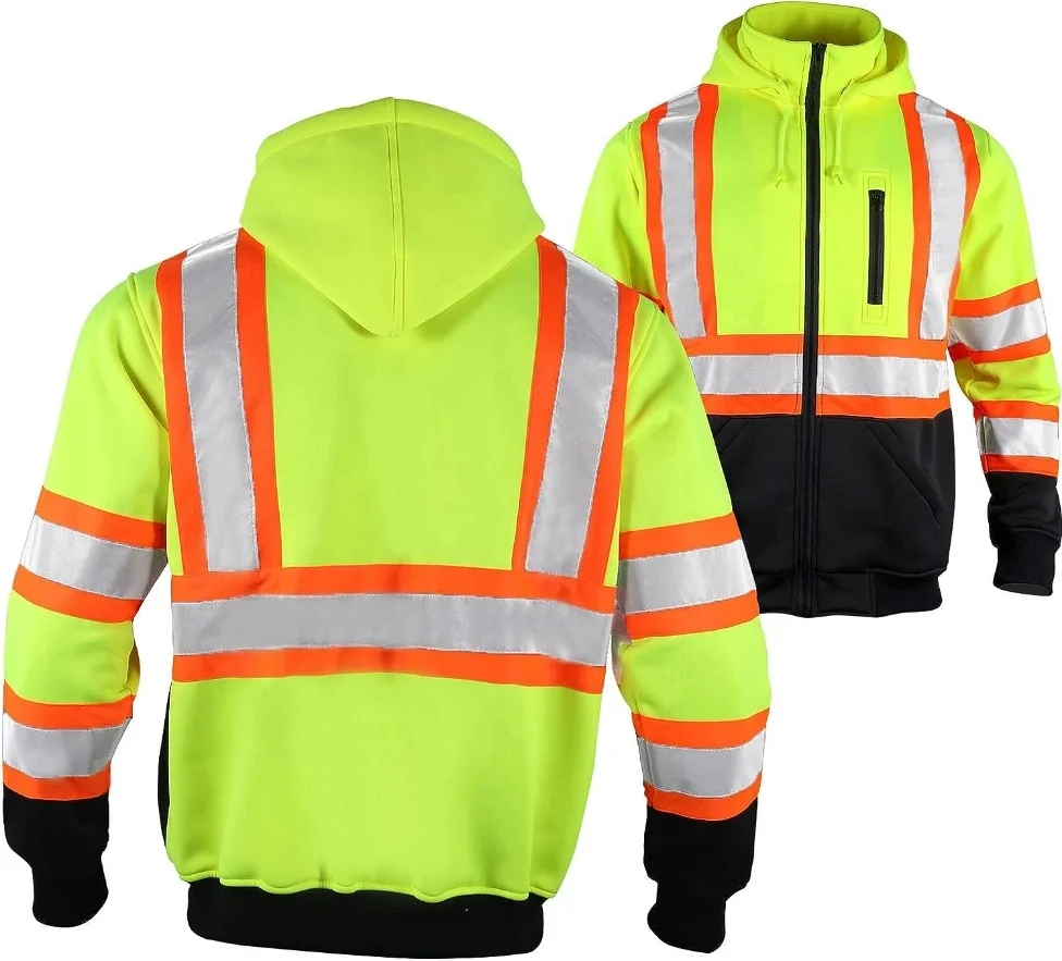 Soft shell Traffic Warmer High Visibility Reflective Safety Hoodie Sweatshirt  Security Workwear Uniform With Zip