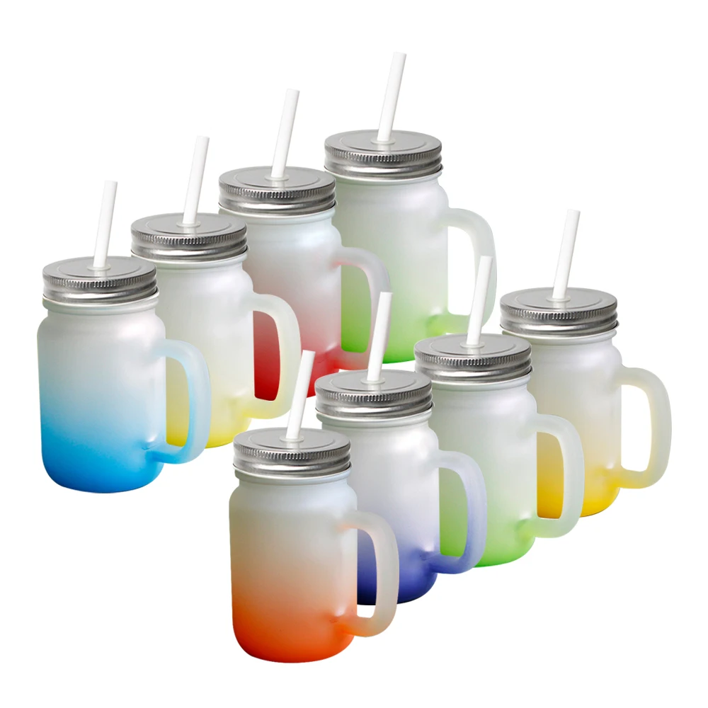 Custom Blank Color Bottom Frosted Glass Sublimation Mason Jars With Handle And Straw