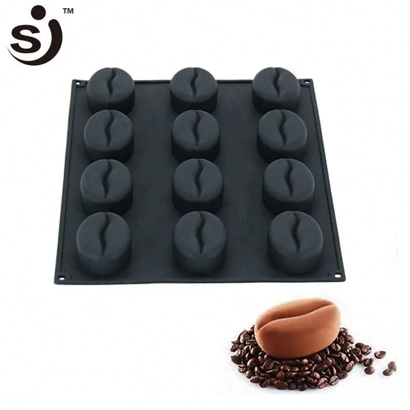Hot Selling 12 Cavities Large Cute Coffee Bean Design Silicone Mini Cake Molds