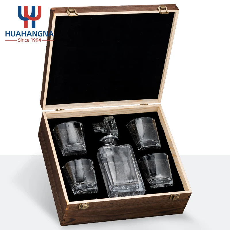 Custom Bourbon and Scotch Glassware Gift Boxed Set 5 Pack Personalized Glass Whiskey Decanter Set with Wood Gift Box