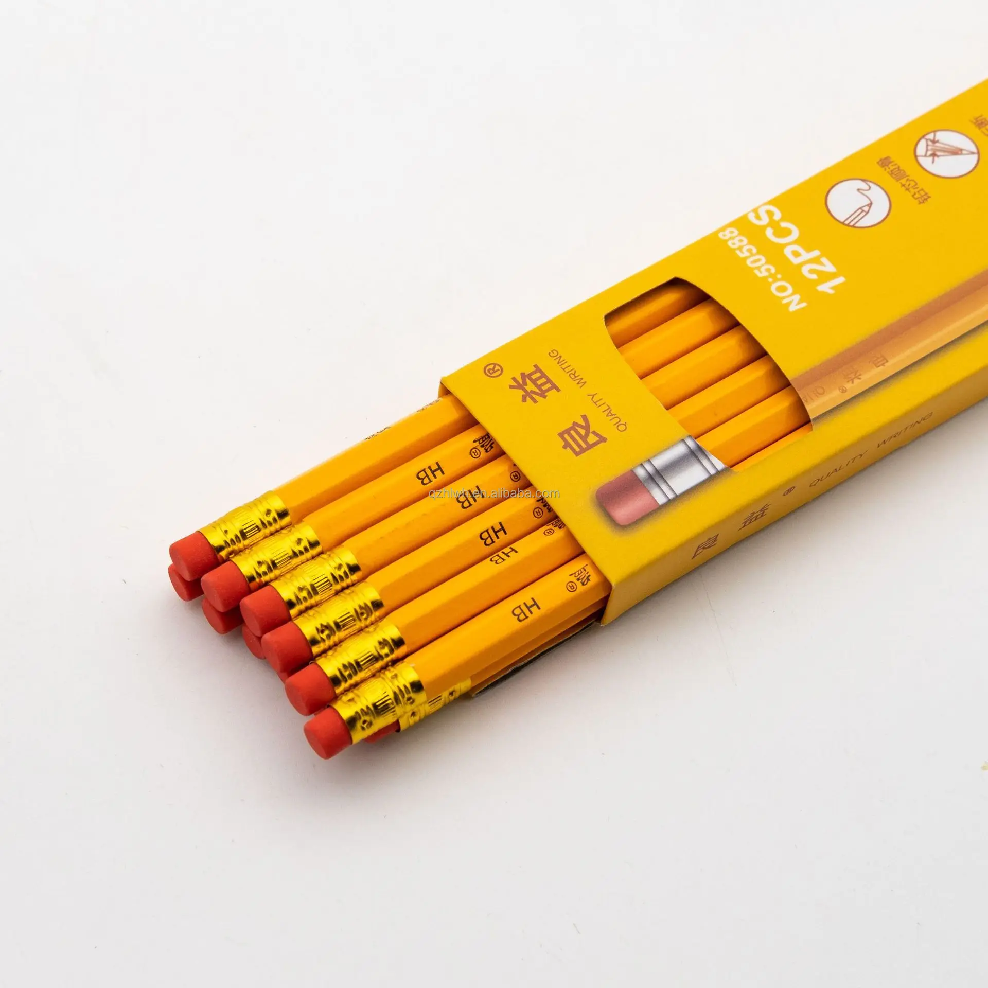 Cheap and High Quality Wooden Pencils School Supplies Yellow case with Rubber Grey Lead Core HB Pencil