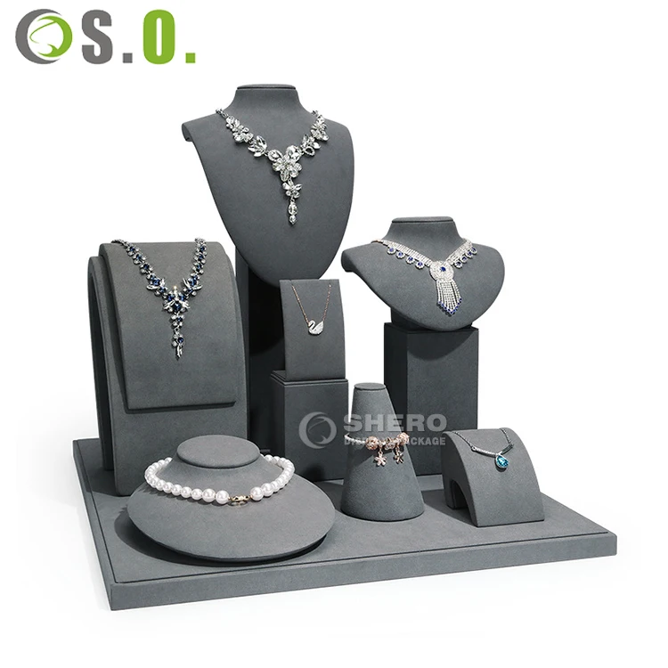 jewellery display stand customized logo metal showcase microfiber stand necklace set wooden jewelry display