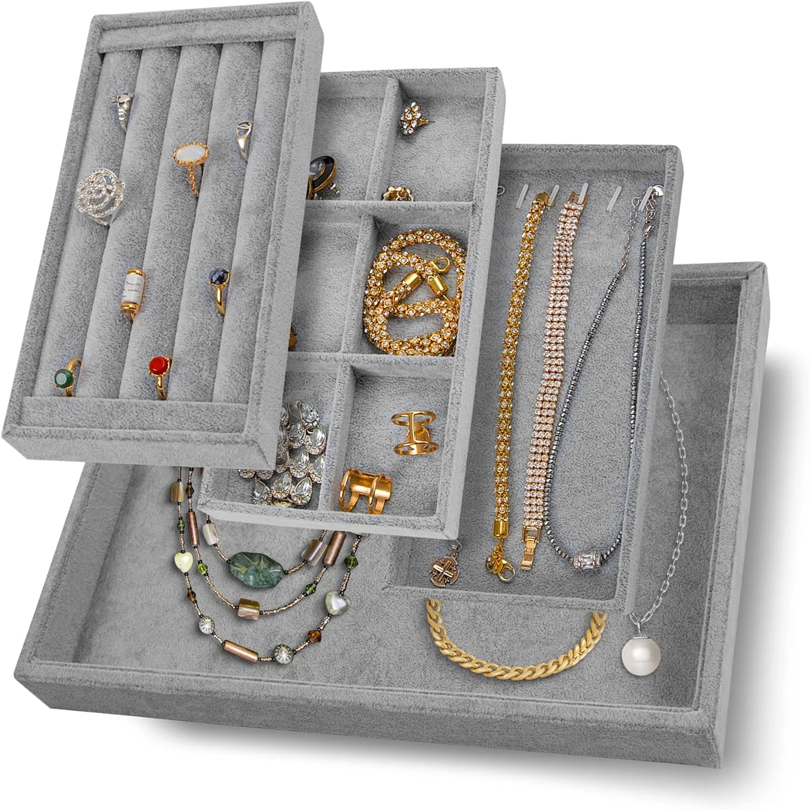 Jewelry Tray Organizer,Stackable Accessories,Storage, Grey,Earring Box,Adjustable Drawer Insert,Velvet Ring Holder,Bracelet
