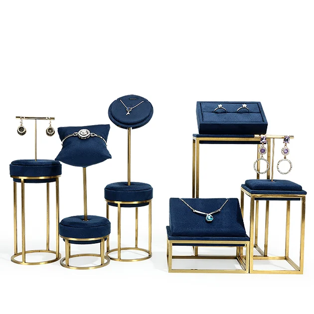 Custom Suede Blue Luxury Jewelry Stand Metal Store Jewelry Display Set for Cabinet Counter