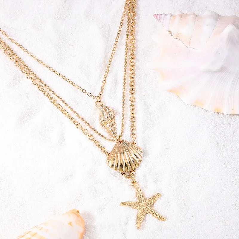 Vintage Gold Conch Shell Necklace Triple Layer Cable Chain Stacked Starfish Necklace for Women Beach Vacation Party Jewelry