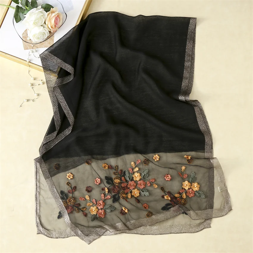 2023 new style silk wool blended silk scarves mulberry silk pashmina embroidered turban ladies scarf shawl