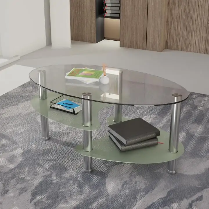 Wholesale Customizable Clear Black Contemporary Three Tier Oval Tempered Glass Fish Shape Coffee Table