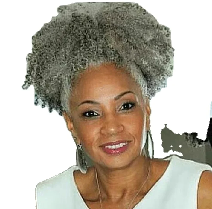 Short kinky Gray Ponytail hair extension  women hair toupee,afro grey wig kinky hair ponytail drawstring hairpiece
