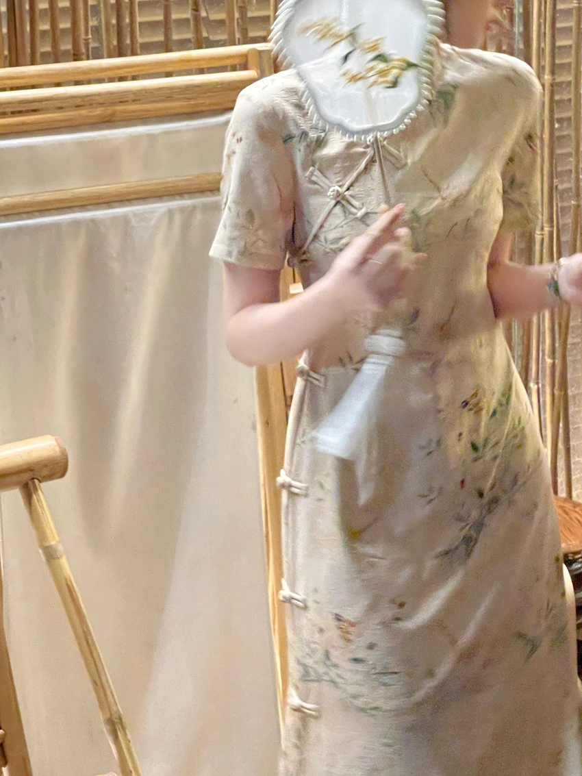 Waist collection chiffon cheongsam women ladies dress sleeved printed cheongsam cheap price chinese traditional dresses qipao