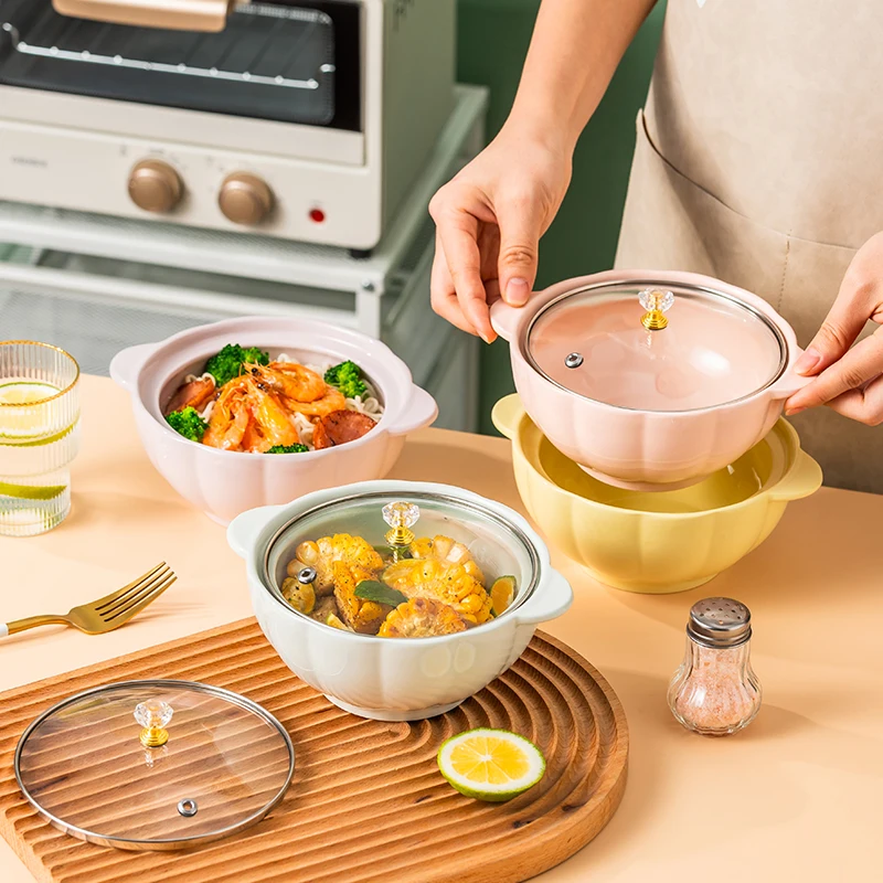 Керамическая миска для завтрака в скандинавском стиле, милая миска для супа, рамен, лапши, 4 предмета, с ручкой и стеклянной крышкой, розового фиолетового цвета