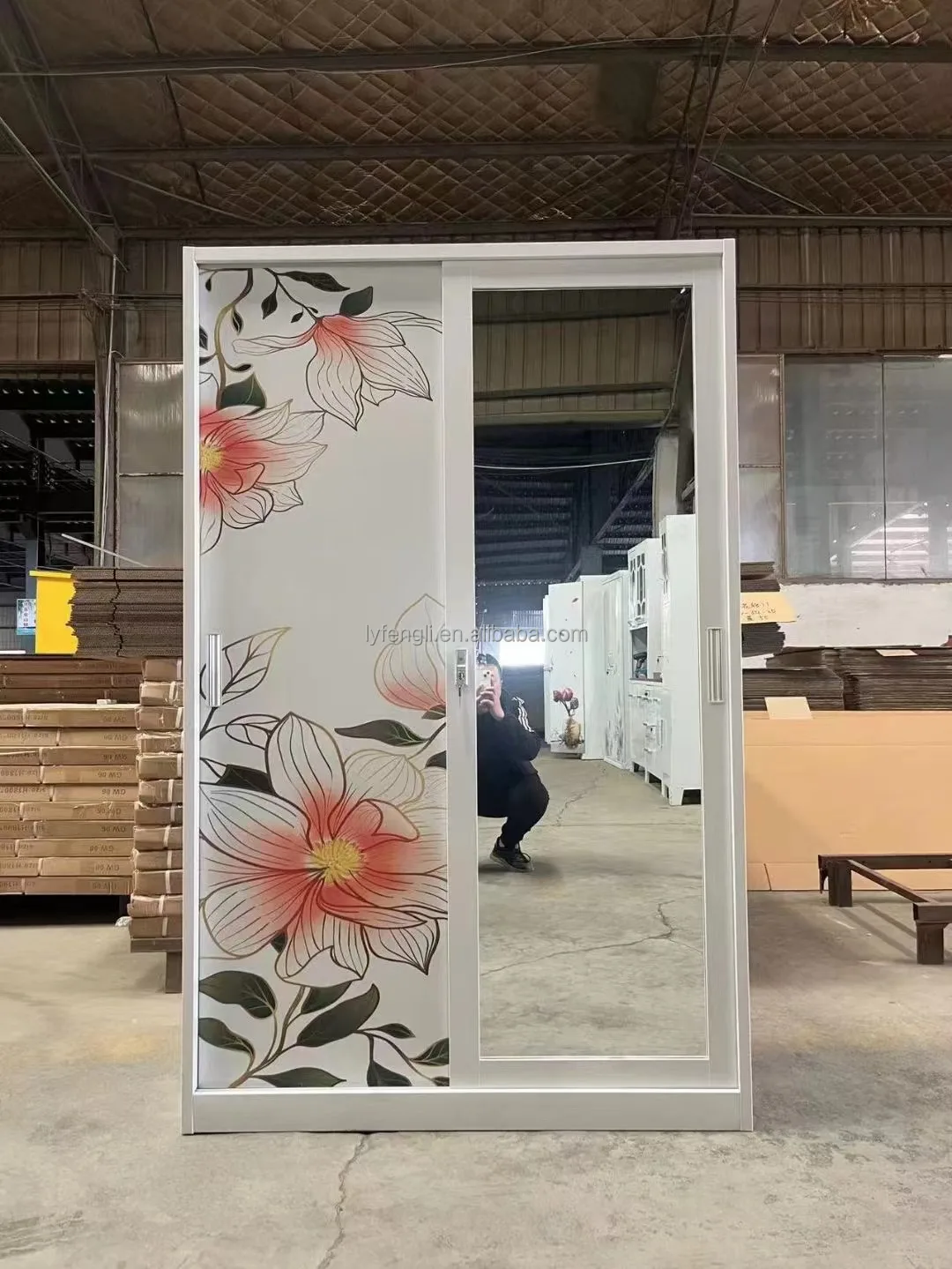 Sliding 2 Door Detachable Steel Almirah Design Printed Flower Pattern Metal Wardrobe clothes cabinet