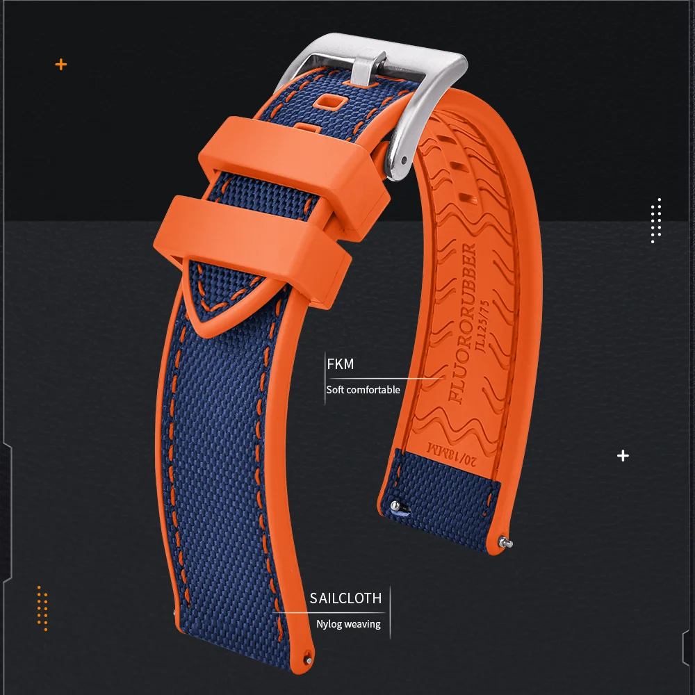 JUELONG Sea Wave  Quick Release Hybrid Rubber Sailcloth Straps Waterproof Fabric FKM Rubber Watch Strap 20 22mm