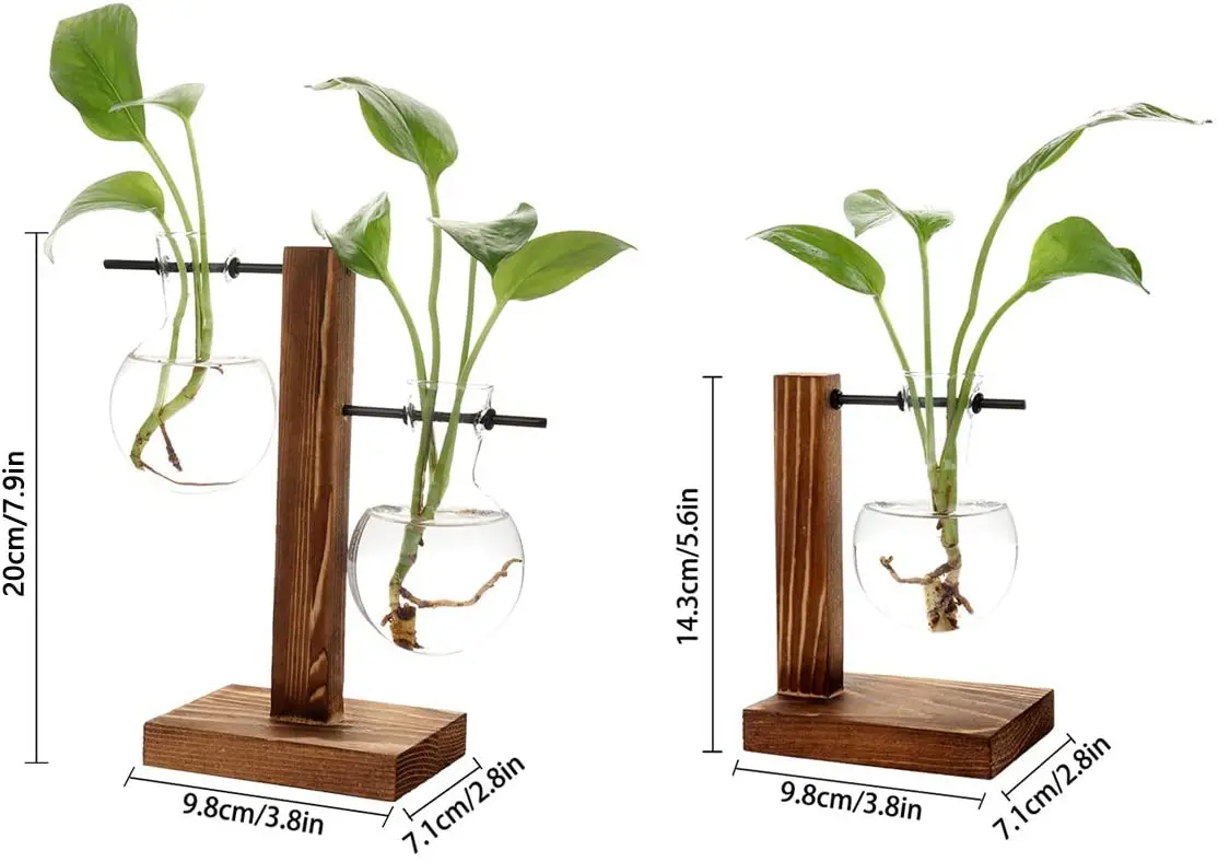 2 Pack Plant Terrarium with Wooden Stand Air Planter Bulb Glass Vase Propogation Station for Hydroponics Plants Home Garden Offi