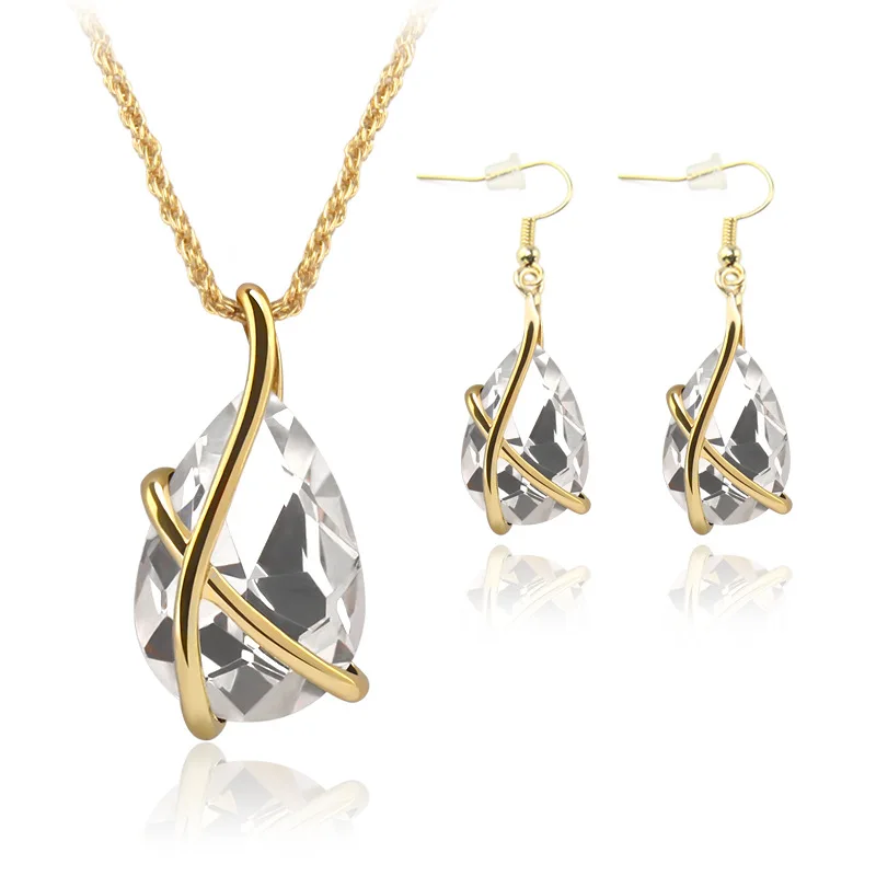 Lateefah Fashion 18k Gold Plated Big Crystal Necklace Earrings Jewelry Sets Dubai Gold Plated Jewelry Set