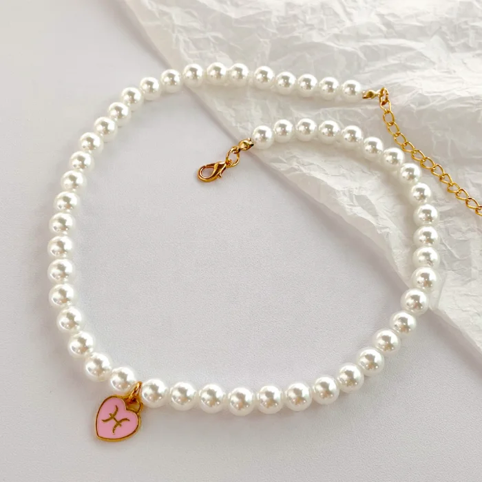 2022 New Design Fashion Enamel Pink Heart Pendant 12 Horoscope Pearl Beaded Zodiac Sign Choker Necklace For Women