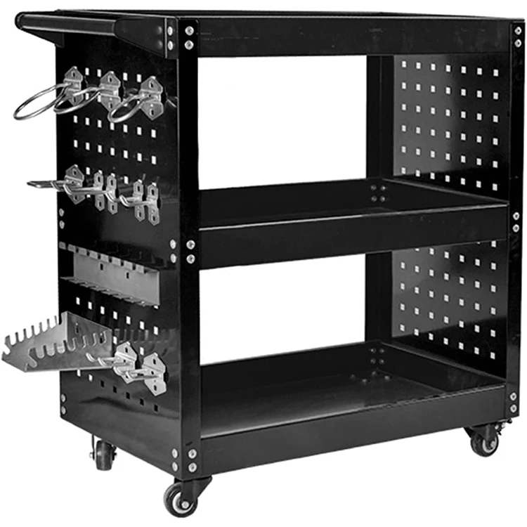 JH-Mech Rolling Tool Cart with Side Pegboard Kit and Lockable System 300lbs Load Capacity 3 Tier Heavy Duty Tool Storage Cart