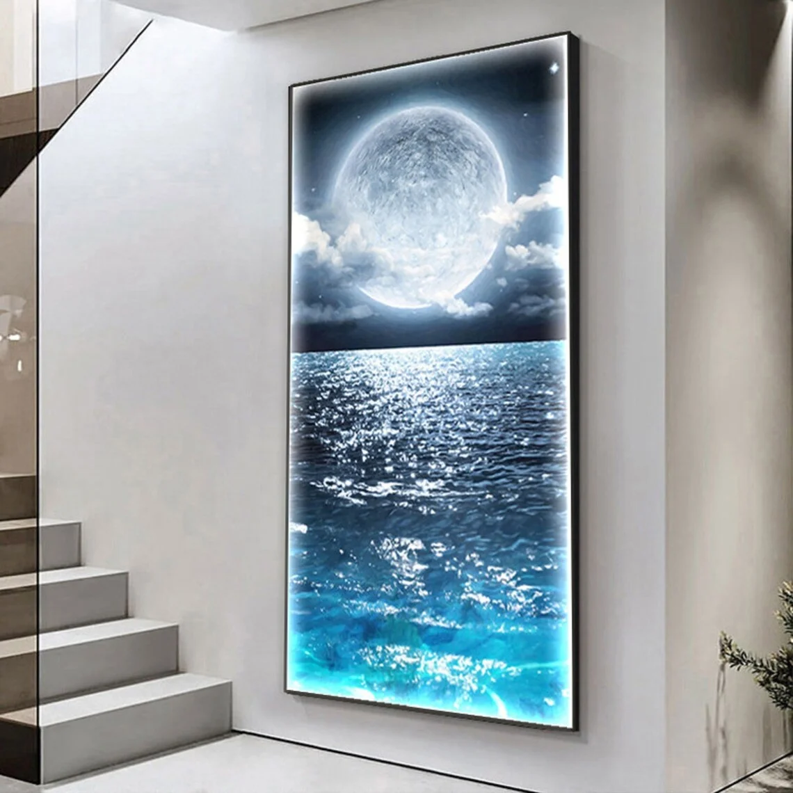 Home decoration LED light painting blue sea wall painting luxury crystal porcelain painting art