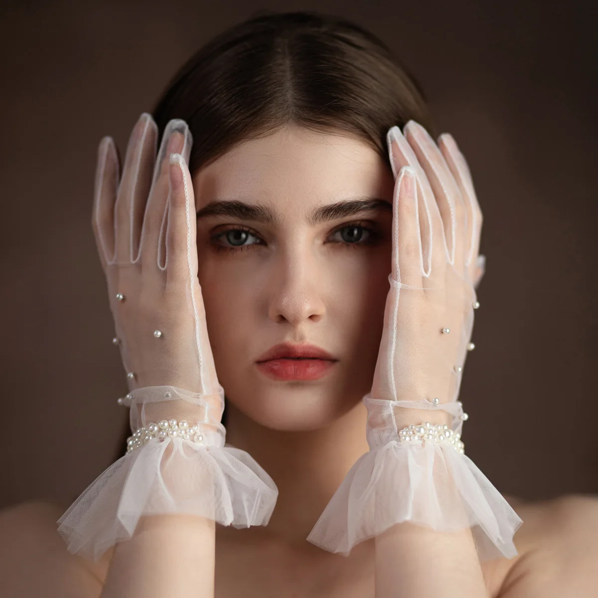 LUOXIN Women Pearl Gloves Tea Party Short Dress Gloves Full Fingered Bridal Gloves