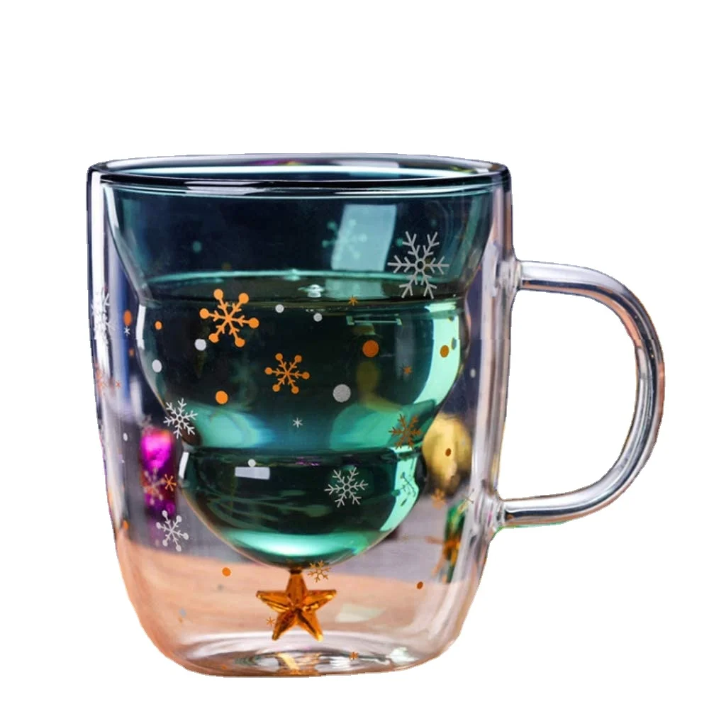 Amazon hot sale 10oz Cute Christmas Tree Shaped Glass Coffee Mug Milk Tea Cup Christmas Mug with Lid