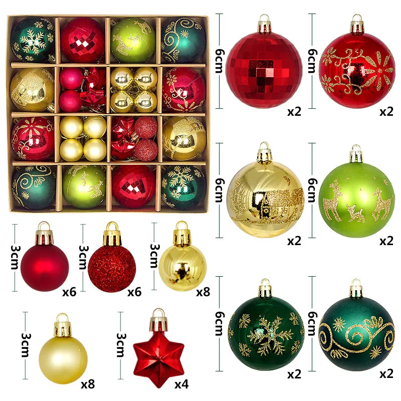 Christmas Decorative Products Xmas Tree Plastic Ball Set 44Pcs Tree Pendant Ornaments For Christmas New Party Year Decoration