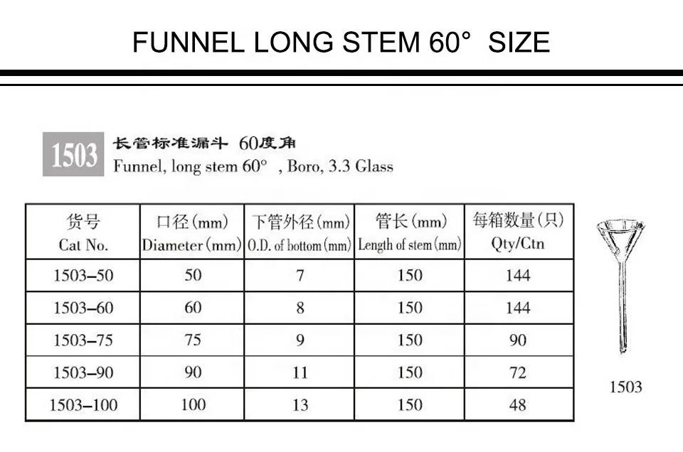 Funnel ,Long Stem 60 degree , Boro 3.3 Glass