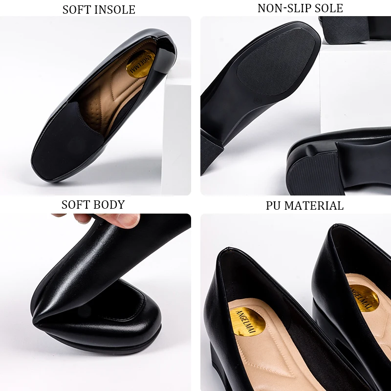 2023 Comfortable Women Round Toe Wedge Heel Pumps Arch Support Solid Black Platform Wedge Hotel Formal Dress Ladies Office Shoes