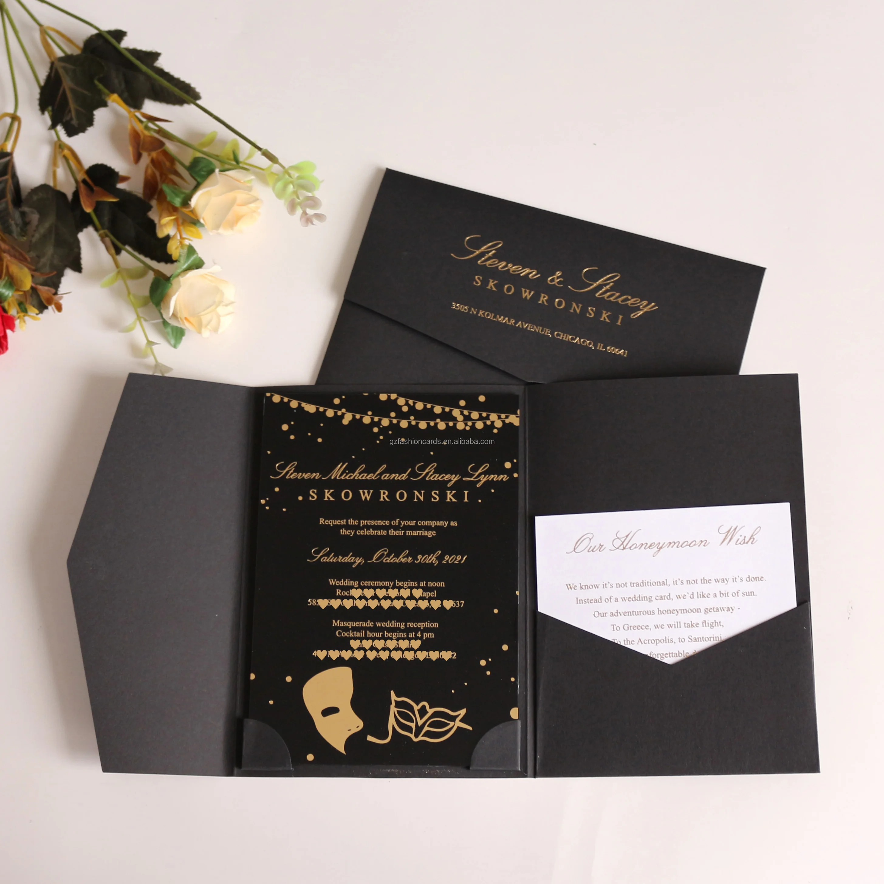 Wholesale Elegant Simple Black Acrylic Invitation Cards With Gold Foil Blank Ribbon Luxury Acrylic Birthday Wedding Invitations