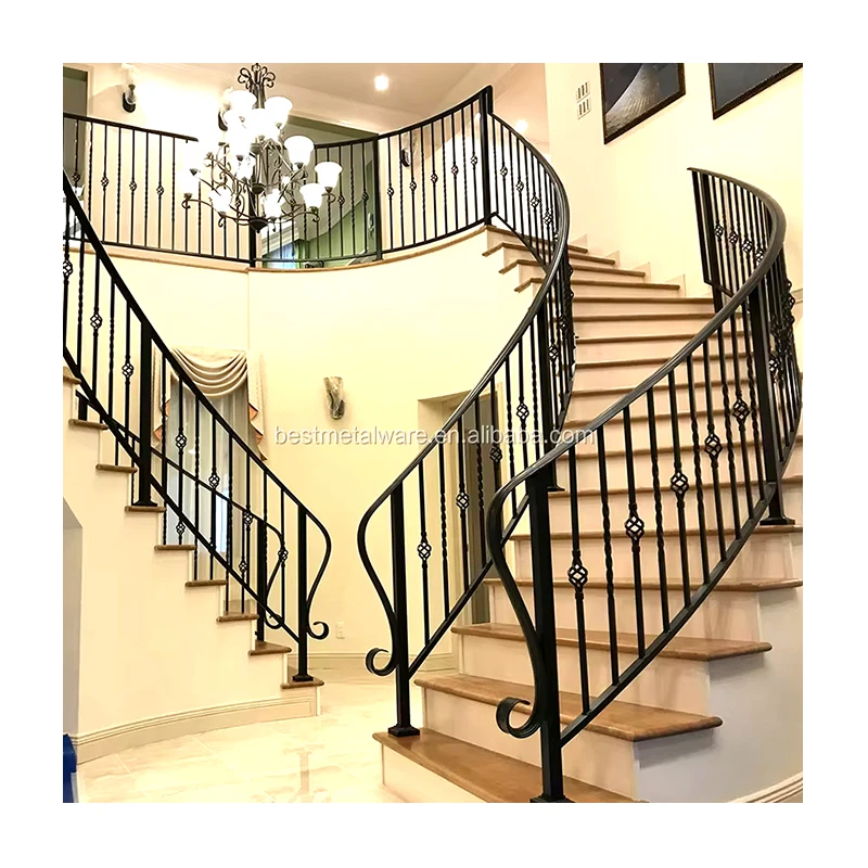 Heat Treated Wood Wrought Iron Railings Decorative Interior Stair Railings with 3D Modeling Service