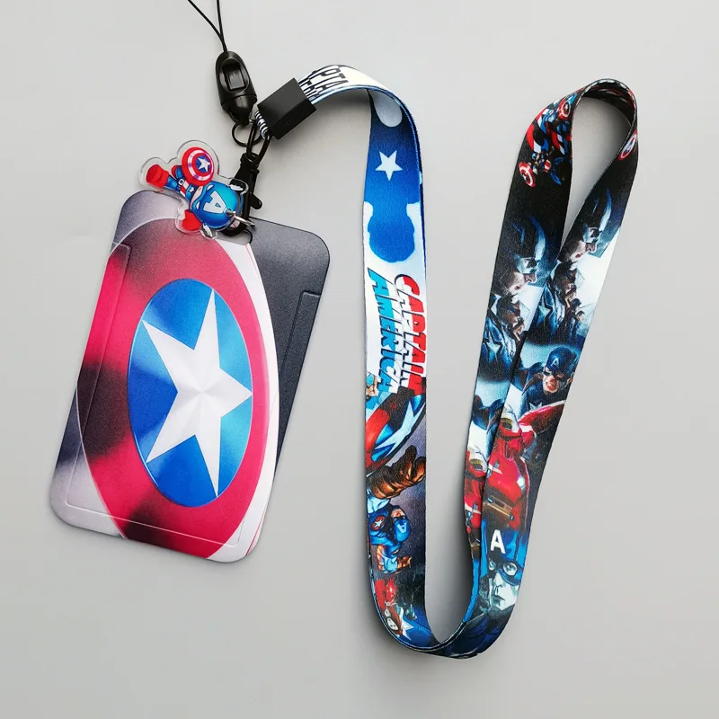 Campus Student Boys Gifts Marvel Lovely Cartoon Captain America Card Holder Portable Hard Plastic Card Cover Case Lanyard Set