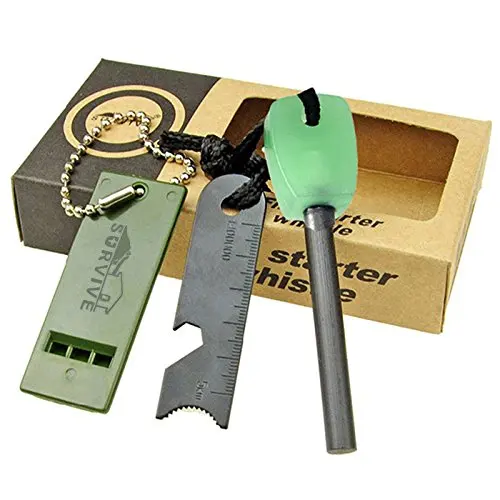 Fire Starter Stick with Striker Lanyard and Whistle Waterproof Flint Fire Steel Survival Lighter for Camping Hiking