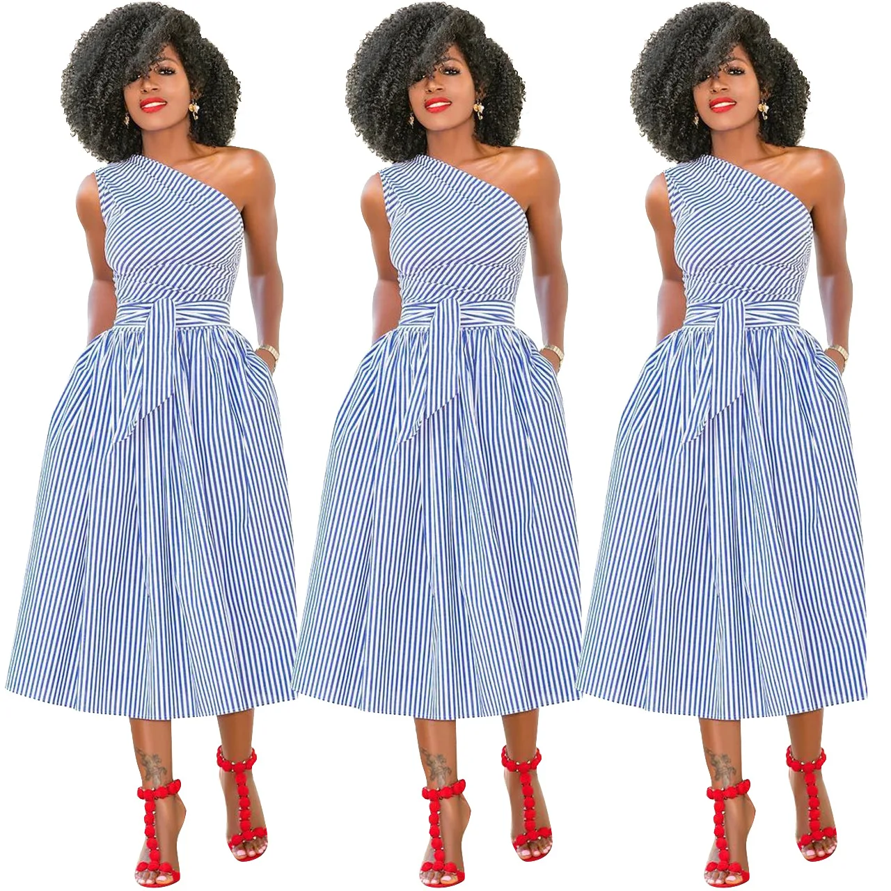 European And American Women Clothing 2021 Striped Sleeveless Shoulder Belt Pettiskirt Summer