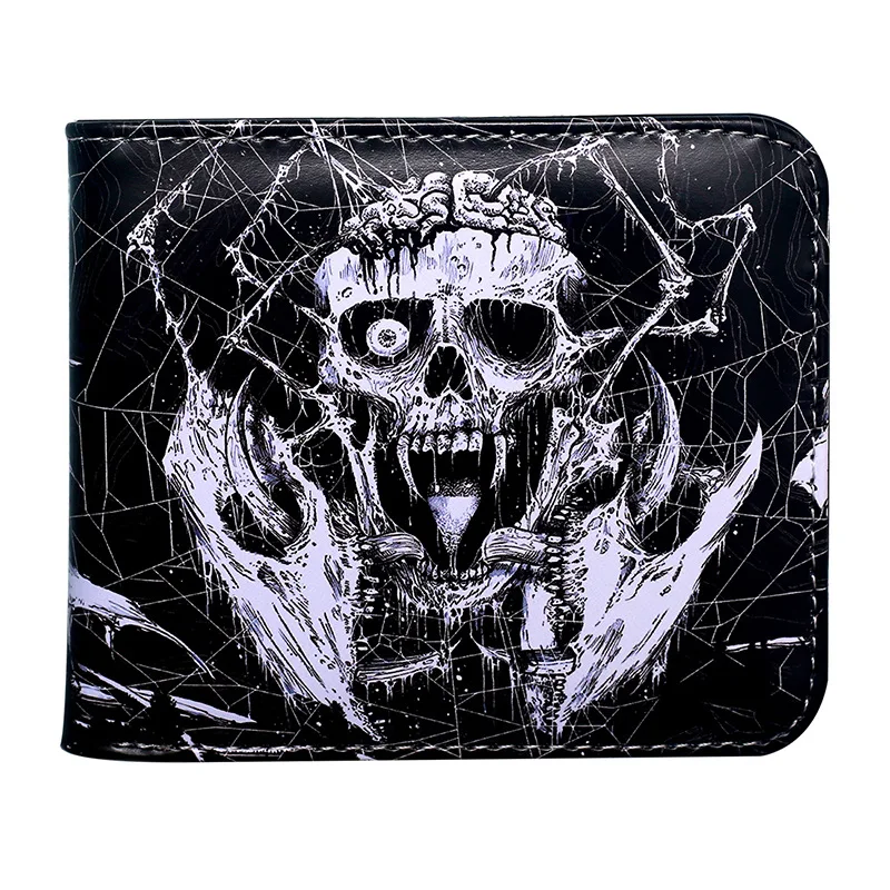 Wholesale Cheap Price Gothic Spooky Sublimation Cards Holder Coin Purse Custom Leather Wallet for Men
