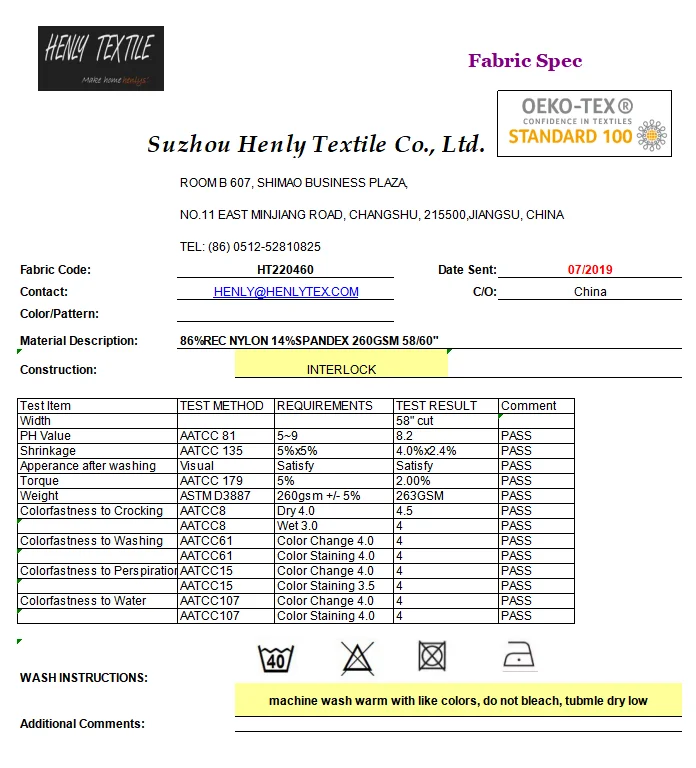 HT220460 BIODEGRADABLE RECYCLE FABRIC 86%RECYCLE NYLON 14%SPANDEX 260GSM KNITTED INTERLOCK FABRIC FOR LEGGING