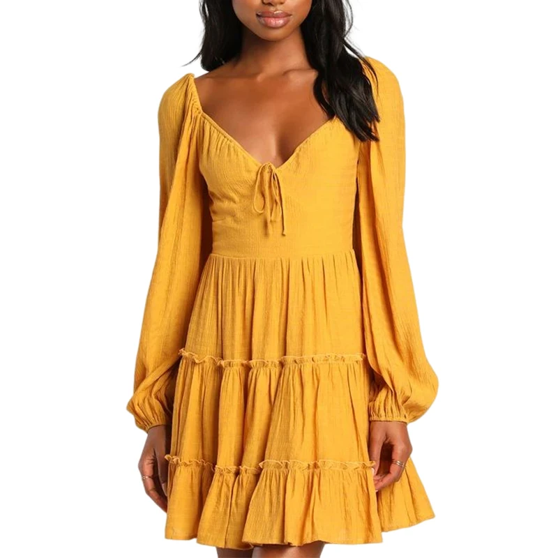 Tender Memories Yellow Tiered Ruffled Balloon Sleeve Mini dresses forwomen dress for ladies long sleeve dress