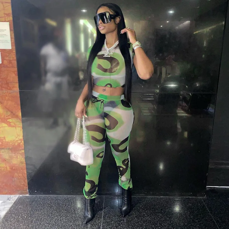 2022 Spring Clothings Stylish Women Tracksuit Short Sleeve Crop Top Printed Mesh 2 Piece Legging Set Women