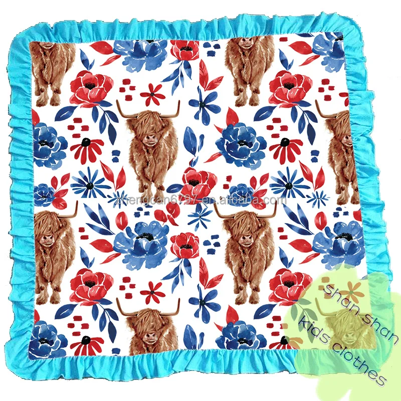 High Quality 2022 Custom Pattern Western Cow Print  Velvet Fabric Super Soft Blue Plush Blanket
