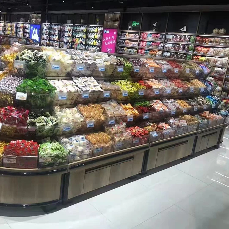Customized supermarket dried fruit display stand gondola shelf snack island display candy display stand