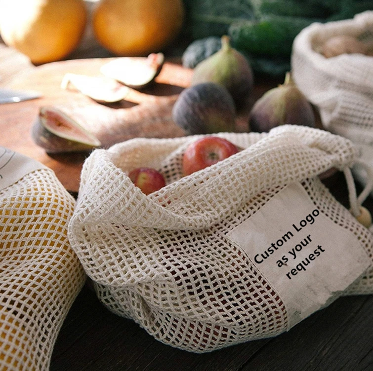 100% Organic Cotton Mesh Net Cloth Food String Custom Logo Washable Storage Drawstring Shopping Bags for Fruits and Produce