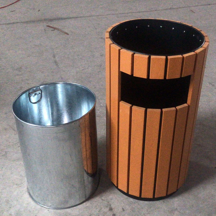 MAX Round Outdoor Garbage Can and Eco Friendly Trash Can Wood & Iron 30L Storage Bucket Recycling without Lid Standing Stocked