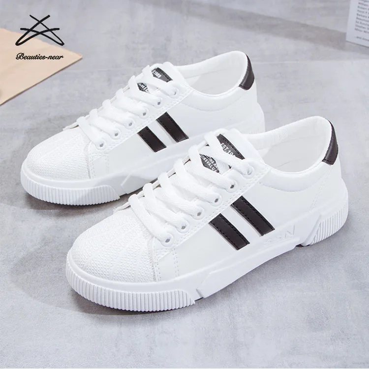 RTS Fashion new PU material women strip casual white sport school lace up shoes