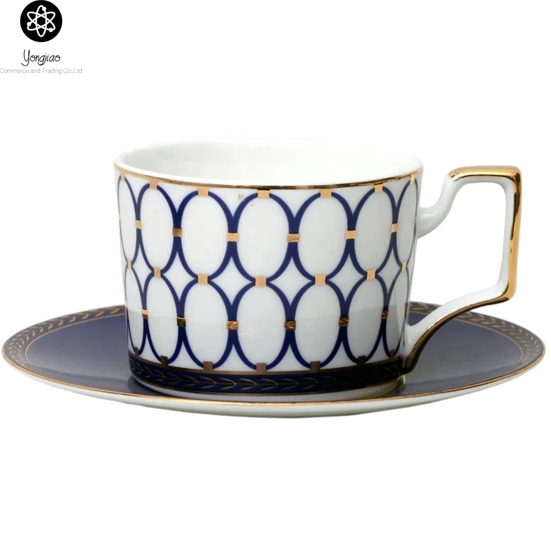 High-end English afternoon tea cup and saucer with gold trim and handle