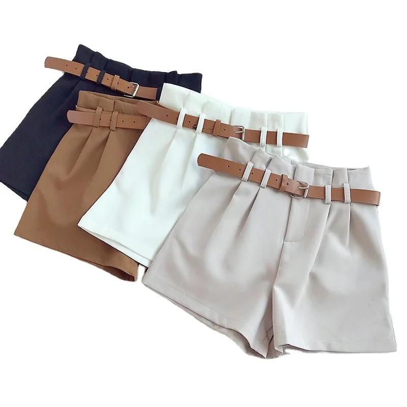 Brief Design White Suit Shorts For Women olid High Waist Wide Leg Shorts With Belt