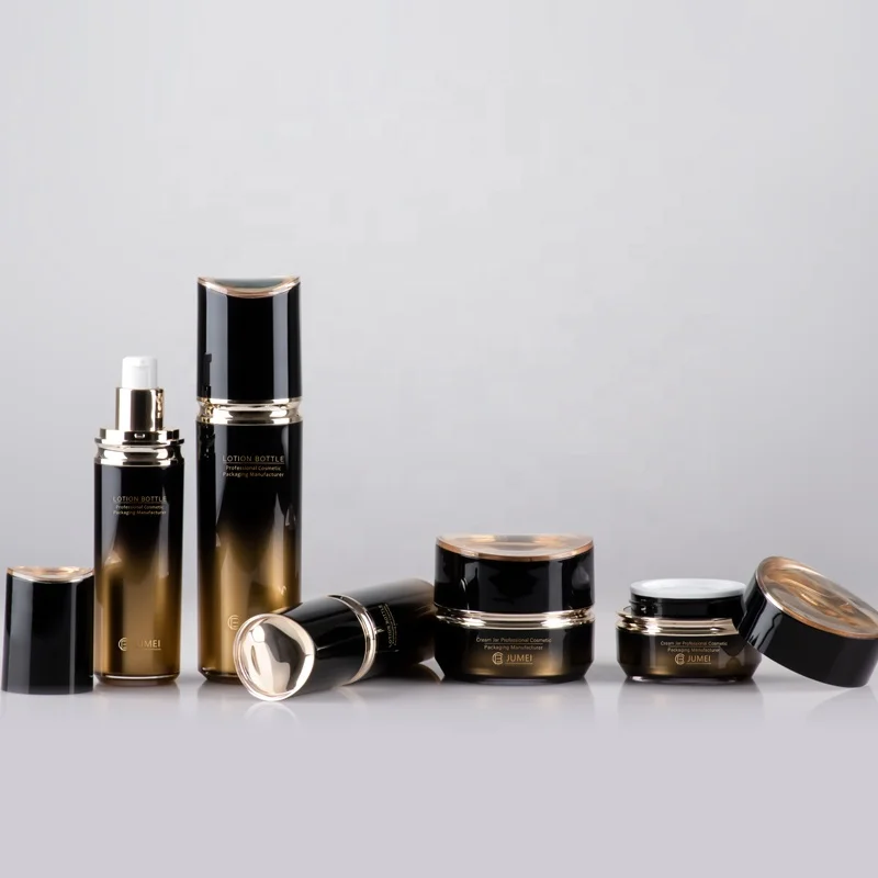 High Quality Gradient Black Bottle Gold Pump 100ml 50ml 30ml Yellow Plastic Cream Jar for Cosmetic