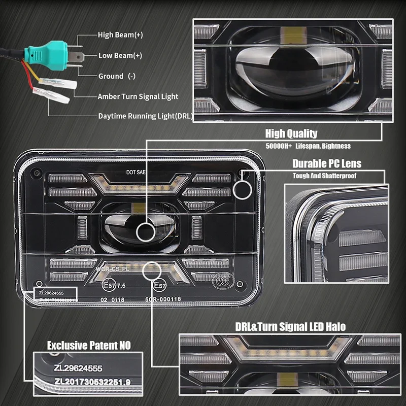 OVOVS DOT Sealed H4651 H4652 H4656 H6545 Projector Rectangular 4x6 Led Headlight For Kenworth Truck
