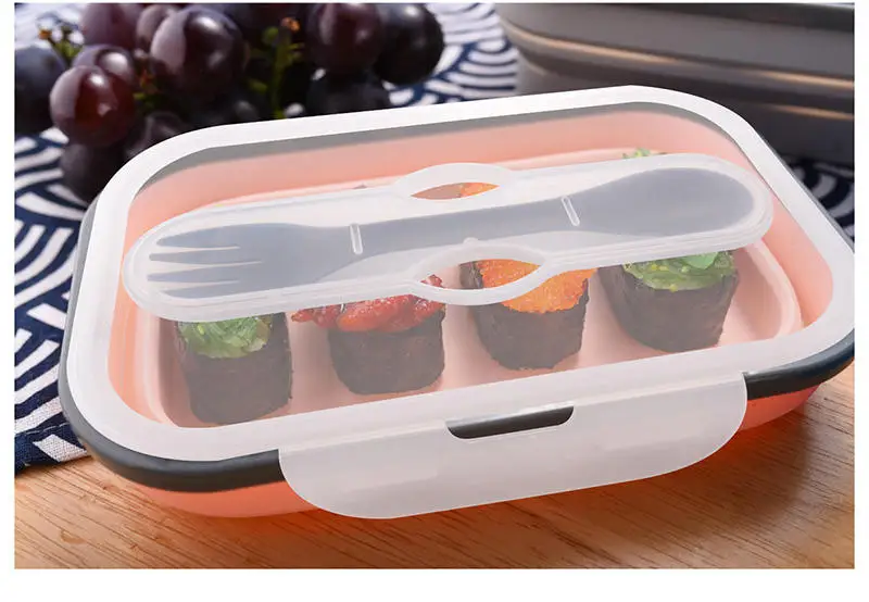 Compartment Food Grade Silicone Collapsible Food Retractable Container Folding Bento Silicone Lunch Box with Fork