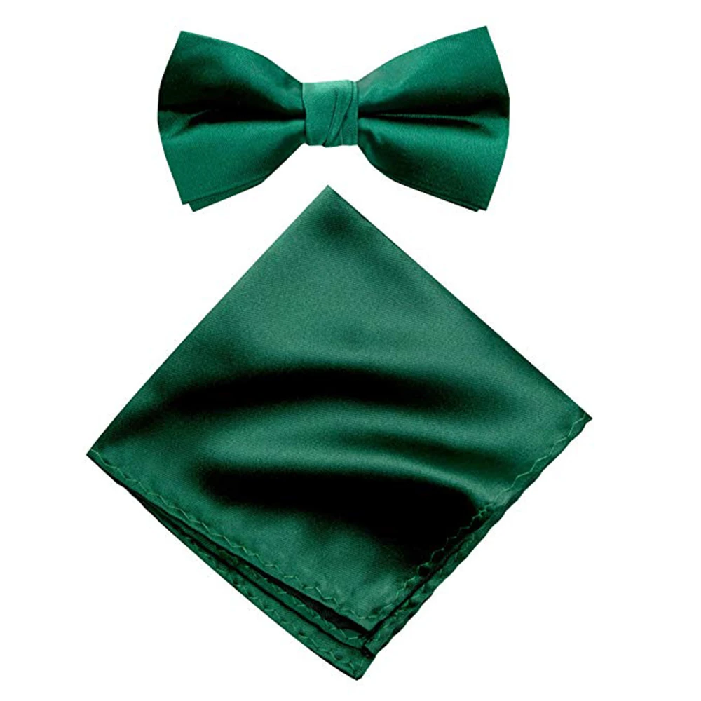 Emerald Green Ties & Accessories Men Satin Solid Color Pre-tied Tuxedo Bowtie Bow Tie Handkerchief Pocket Square Set Boys Bowtie