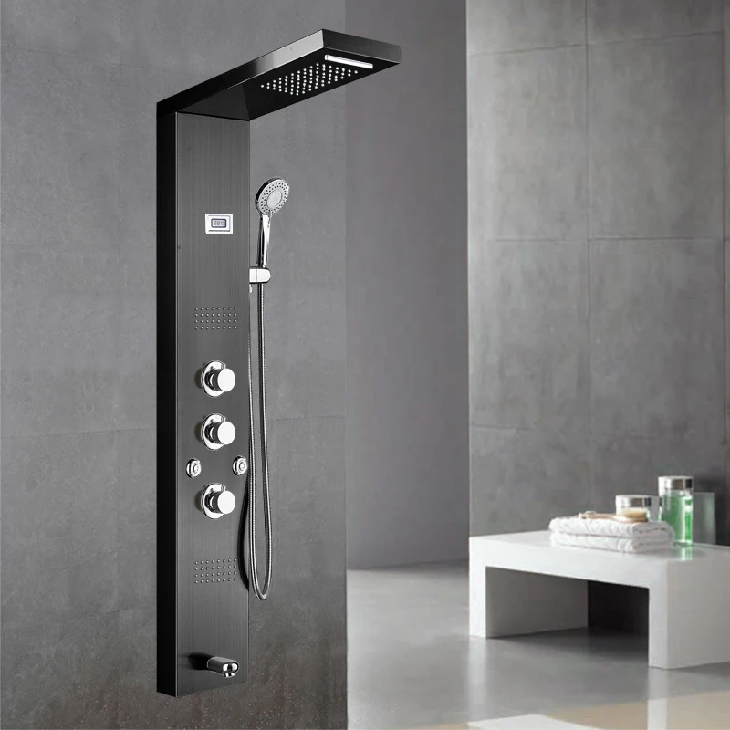 Fapuiiy LED Shower Faucet Shower Panel Bathroom Stainless Steel Contemporary Modern in Wall Shower System Waterfall Rain Black