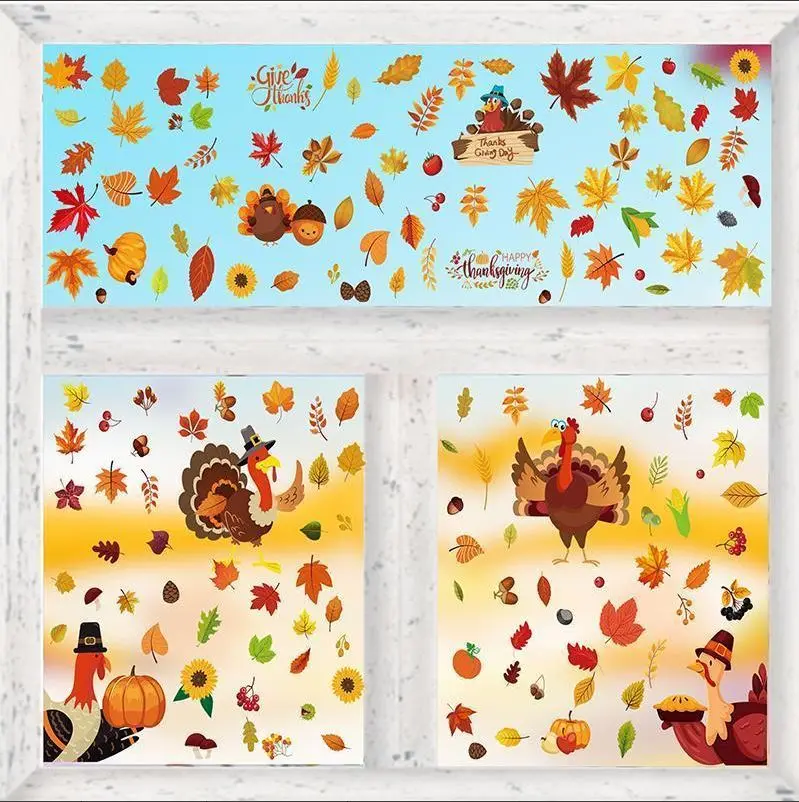 Maple Leaves Double-sided Window Stickers For Autumn Thanksgiving Harvest Party Home Window Glass Mirror Decor